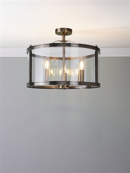 (image for) Laura Ashley Harrington 3 Light Semi-Flush Antique Brass and Glass